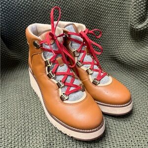 Cole Haan Tan Leather Lace-Up Platform Boots with Red Laces